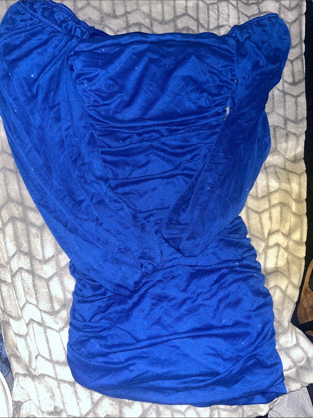 runched off shoulder blue homecoming/party dress worn once